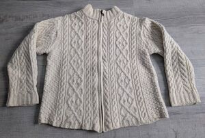 Inis Crafts Cable Knit Fisherman Sweater Full Zip Sz XL Ivory 100% Merino Wool